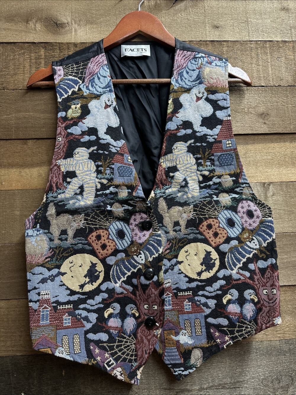 Vintage 90s Facets By Mirrors Womens Halloween Tapestry Button Vest L